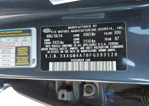 2015 Kia Optima Lx из США, поврежденный, VIN 5XXGM4A78FG393128